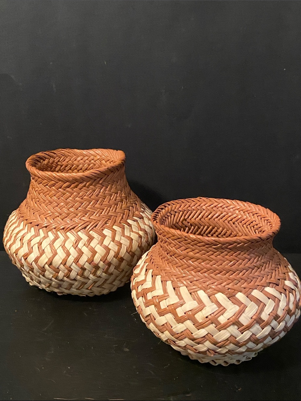 2 Vintage TARAHUMARA INDIAN BASKET Primitive Natural Fibers Hand Woven 4-1/2"